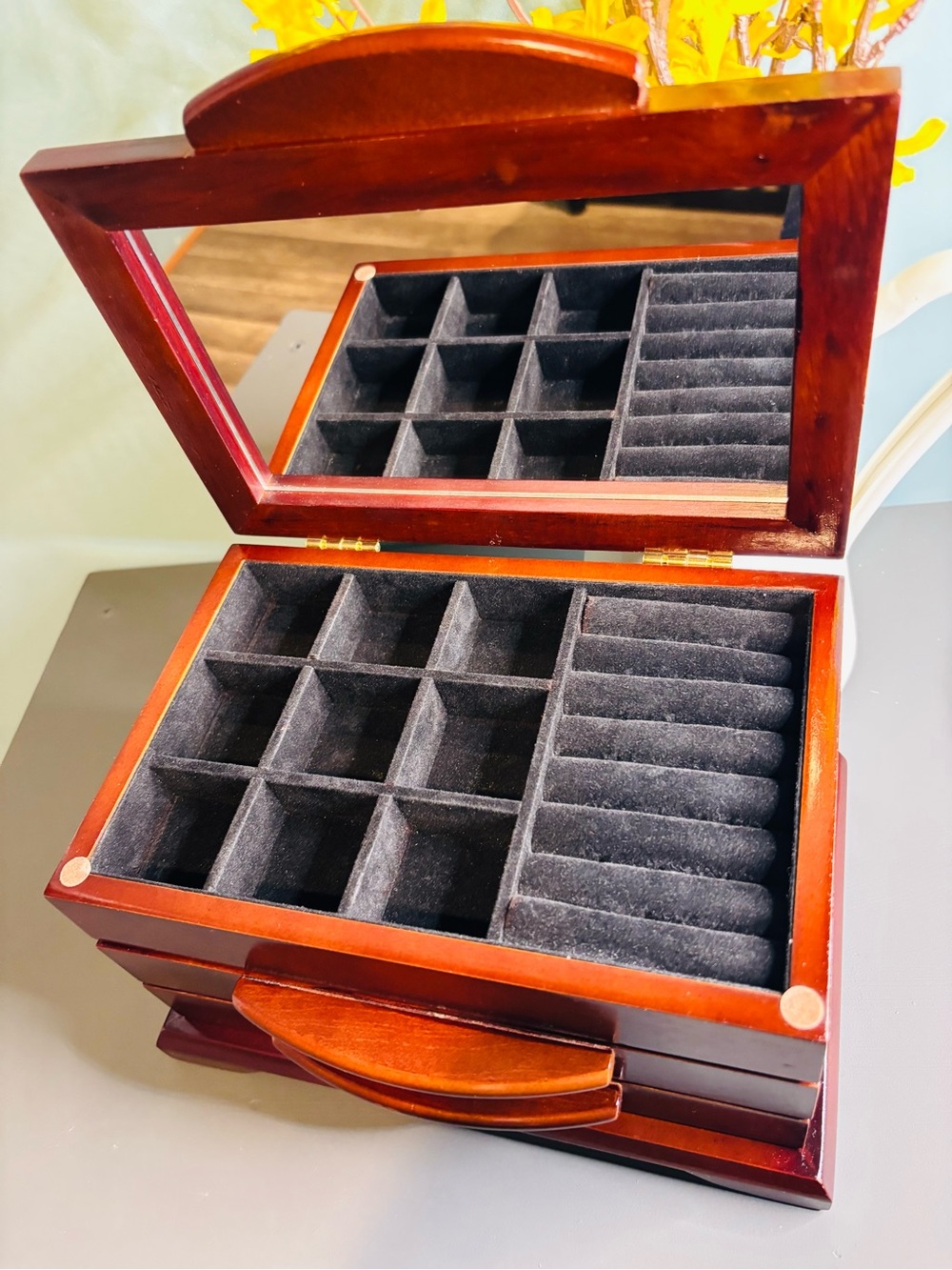 Wooden Jewelry Box with Two Drawers - Red Brown - Picture 3 of 12